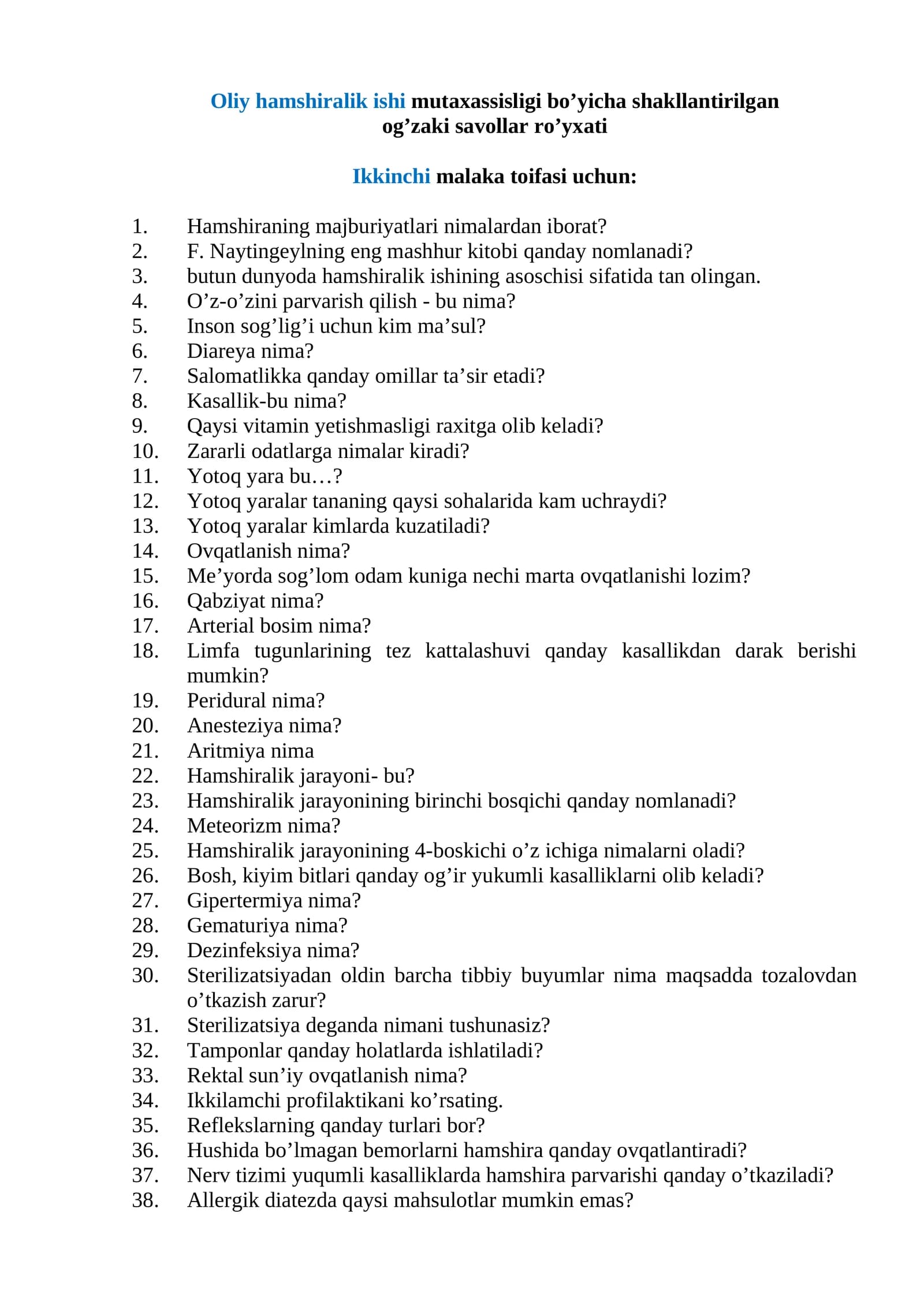 Oliy hamshiralik ishi mutaxassisligi bo’yicha shakllantirilgan og’zaki savollar ro’yxati
