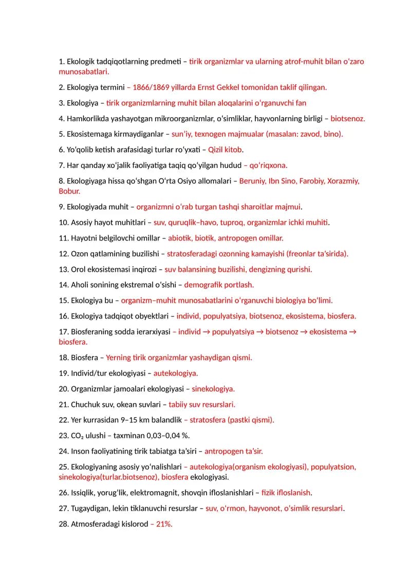 Ekologiya fanidan test savollar to'plami