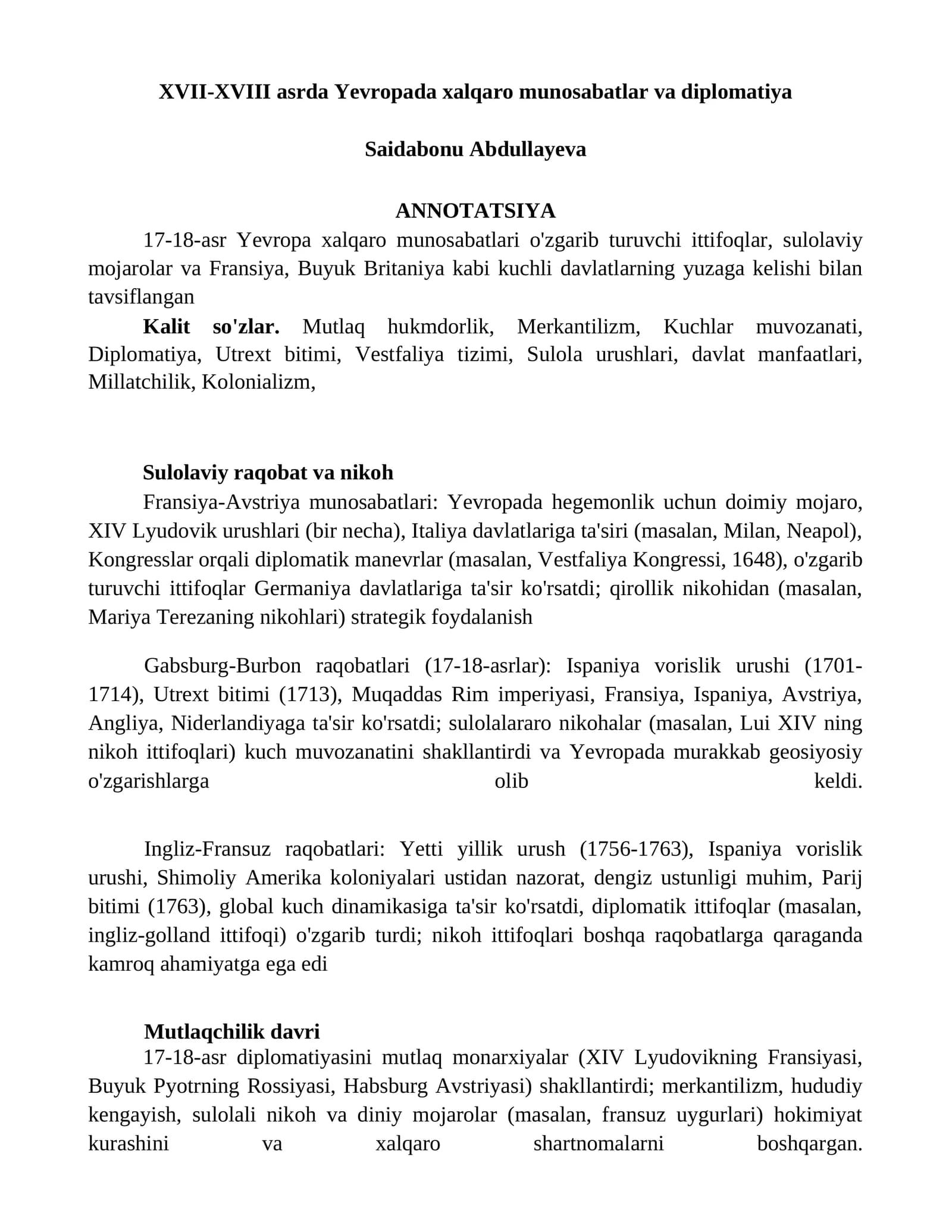 XVII-XVIII asrda Yevropada xalqaro munosabatlar va diplomatiya