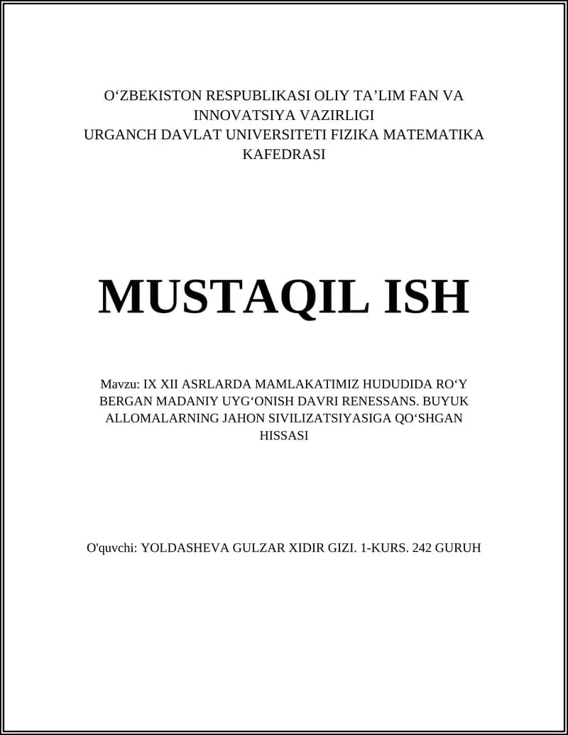 IX XII ASRLARDA MAMLAKATIMIZ HUDUDIDA ROʻY BERGAN MADANIY UYGʻONISH DAVRI RENESSANS