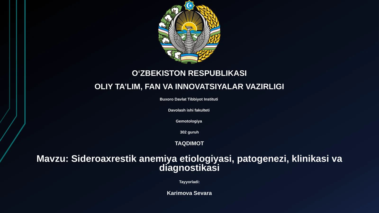 Sideroaxrestik anemiya etiologiyasi, patogenezi, klinikasi va diagnostikasi