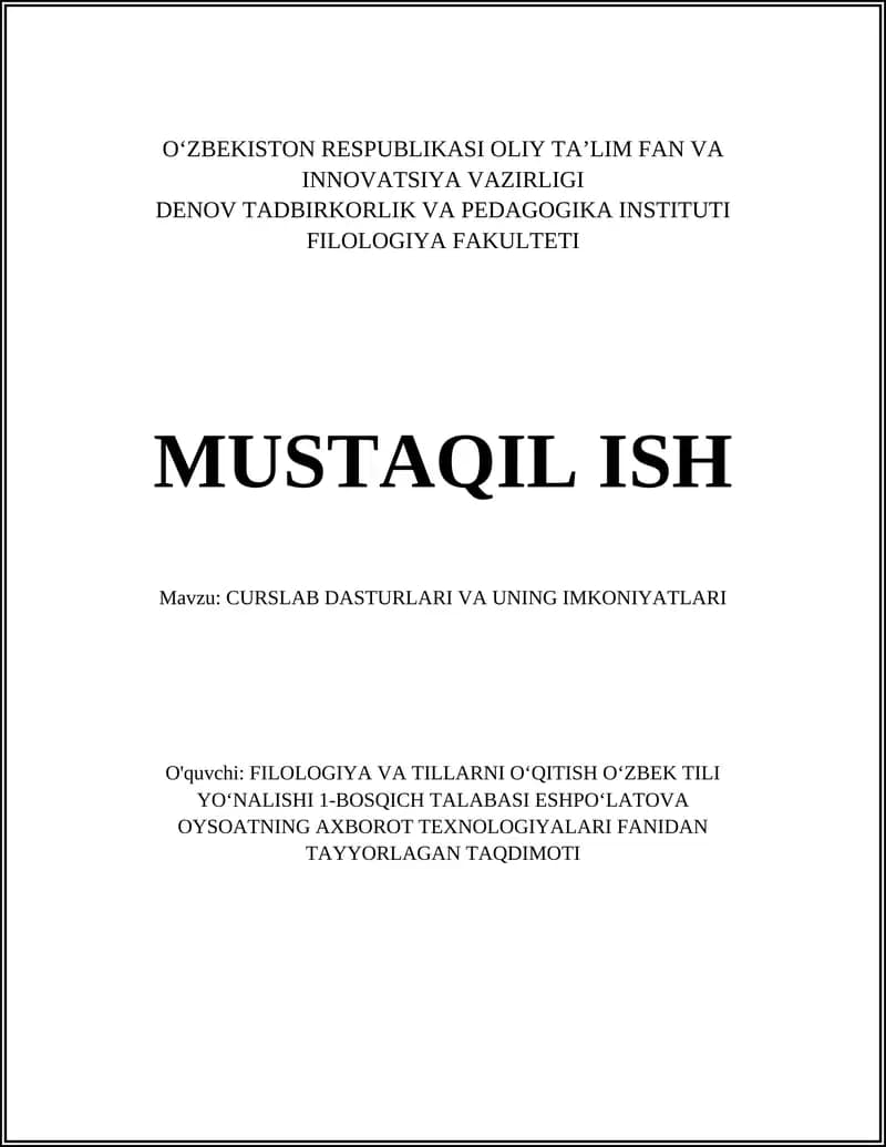 CURSLAB DASTURLARI VA UNING IMKONIYATLARI