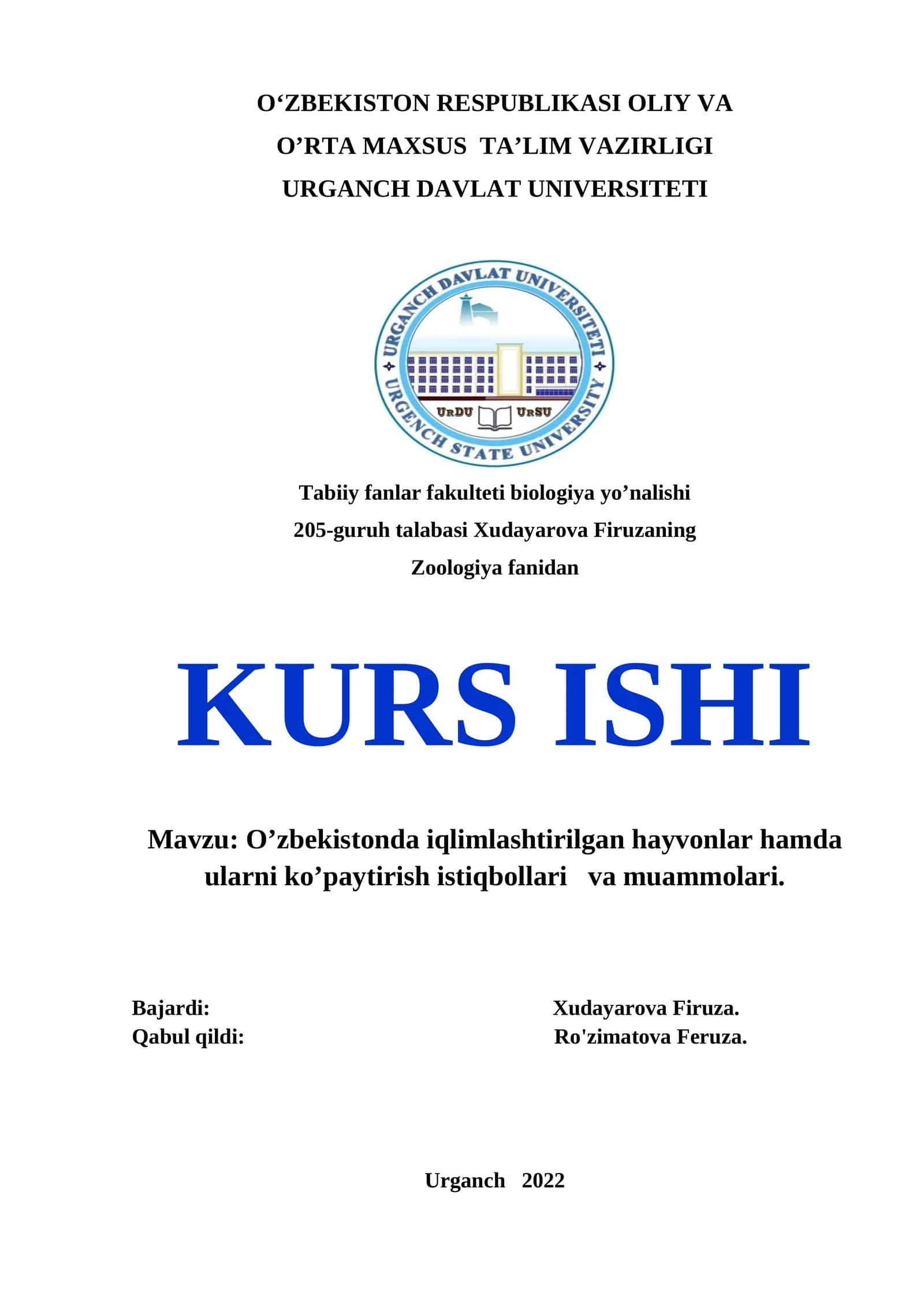 KURS ISHI - O’zbekistonda iqlimlashtirilgan hayvonlar hamda ularni ko’paytirish istiqbollari va muammolari