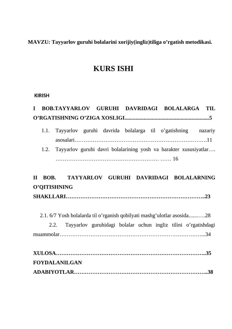 Tayyarlov guruhi bolalarini xorijiy(ingliz)tiliga o’rgatish metodikasi
