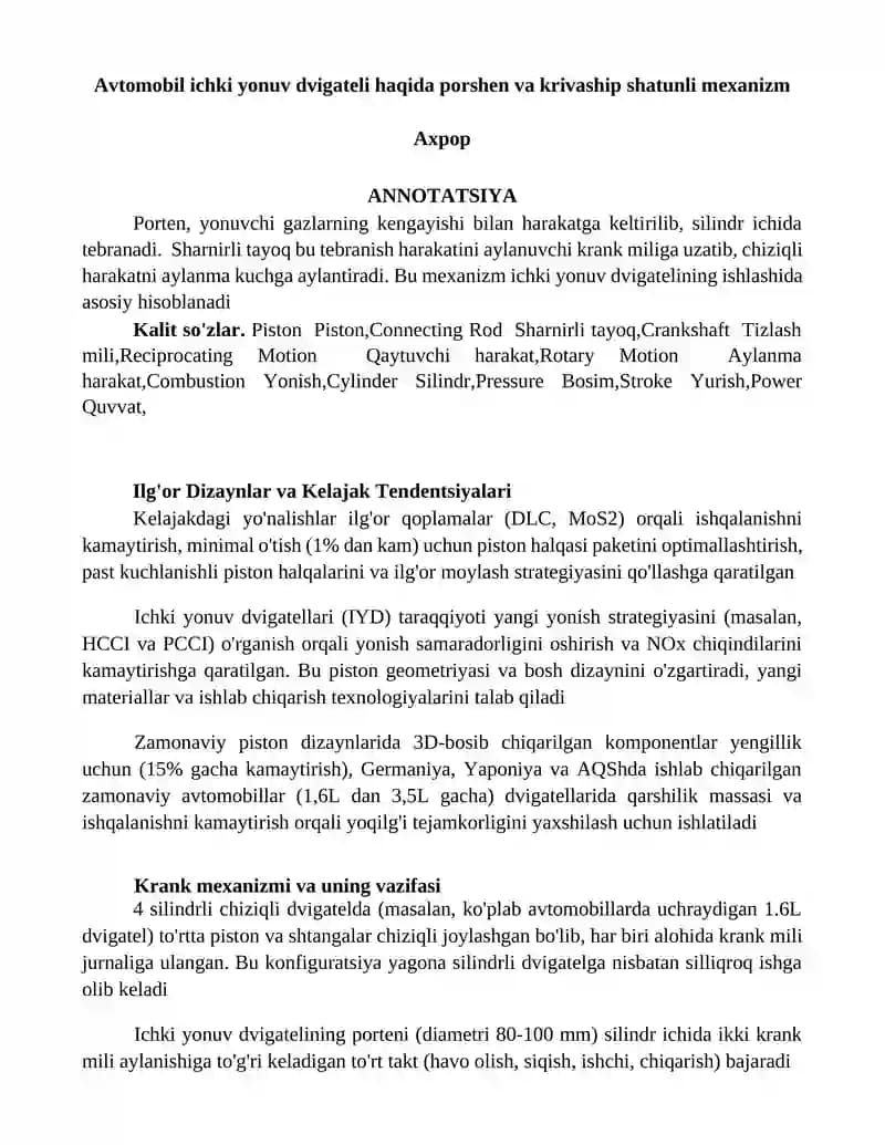 Avtomobil ichki yonuv dvigateli haqida porshen va krivaship shatunli mexanizm