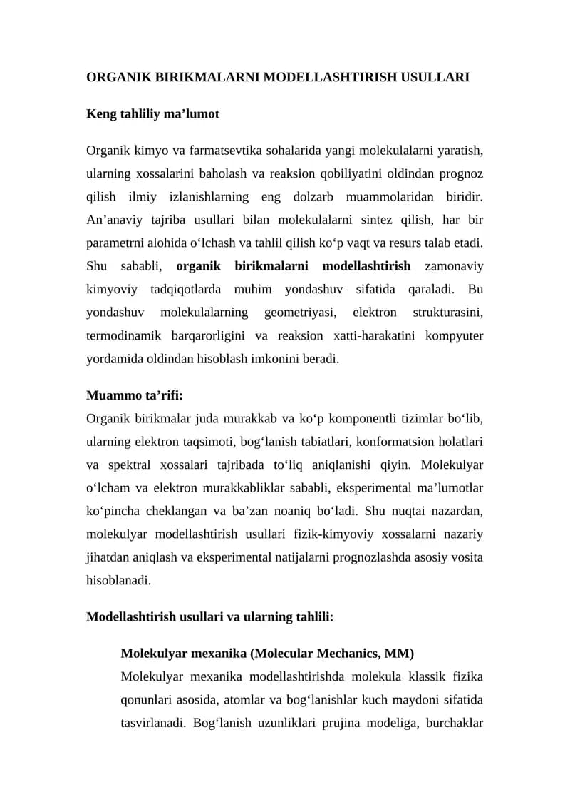 Organik Birikmalar Modellashtirish Usullari