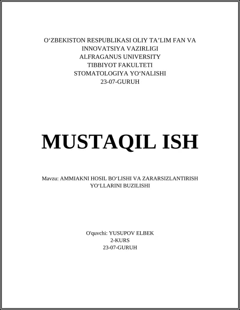 AMMIAKNI HOSIL BOʻLISHI VA ZARARSIZLANTIRISH YOʻLLARINI BUZILISHI