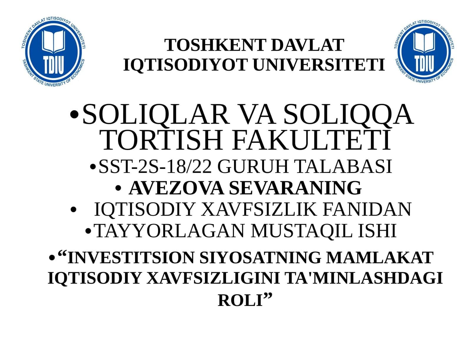INVESTITSION SIYOSATNING MAMLAKAT IQTISODIY XAVFSIZLIGINI TA'MINLASHDAGI ROLI