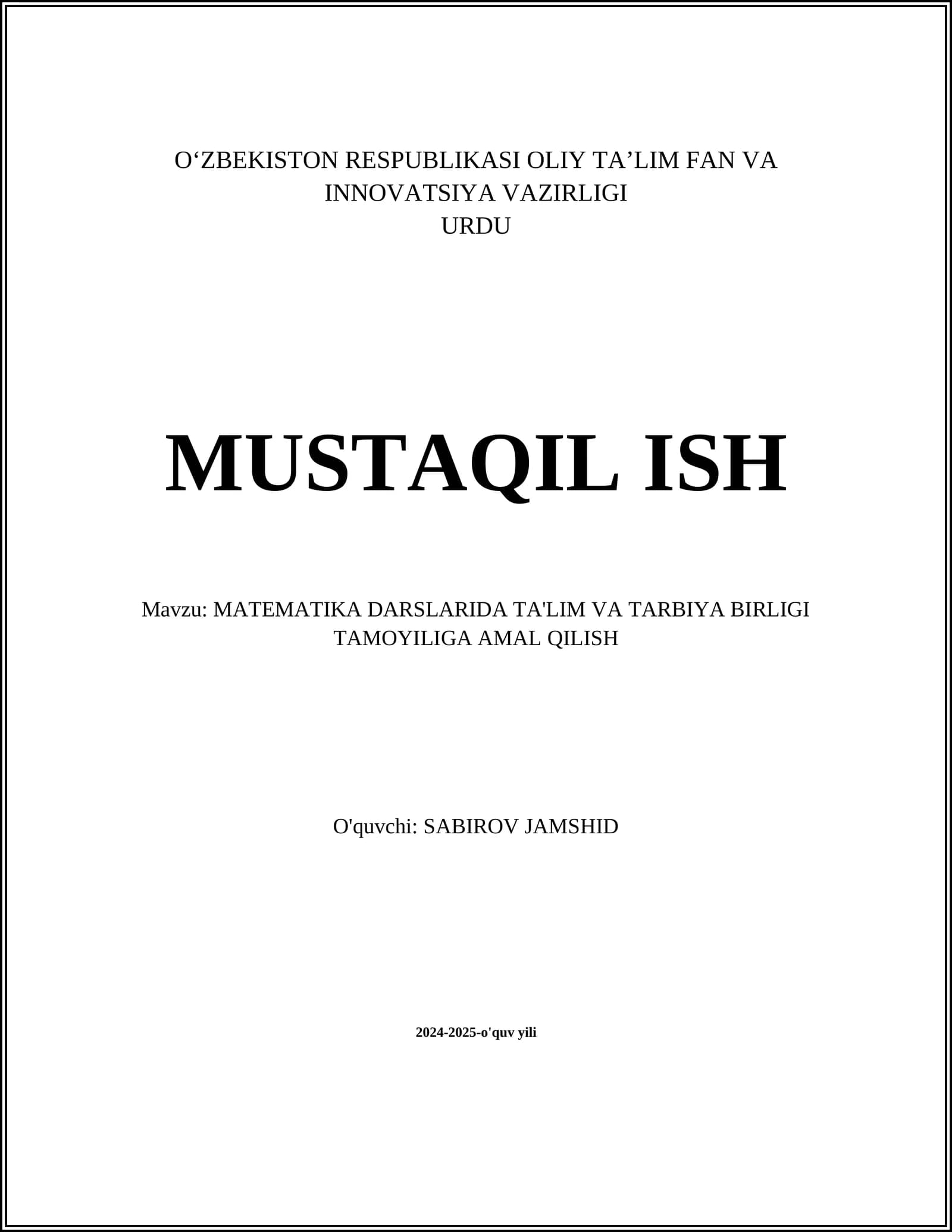 Matematika Darslarida Ta'lim va Tarbiya Birligi