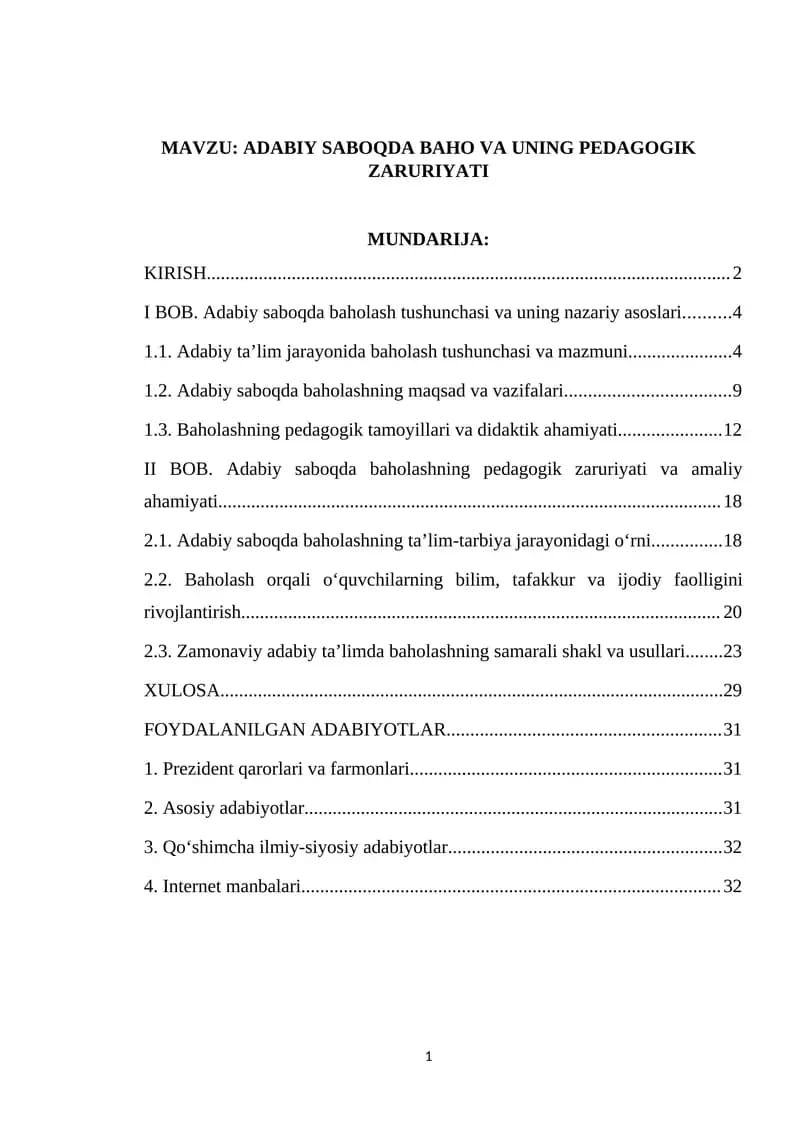 ADABIY SABOQDA BAHO VA UNING PEDAGOGIK ZARURIYATI