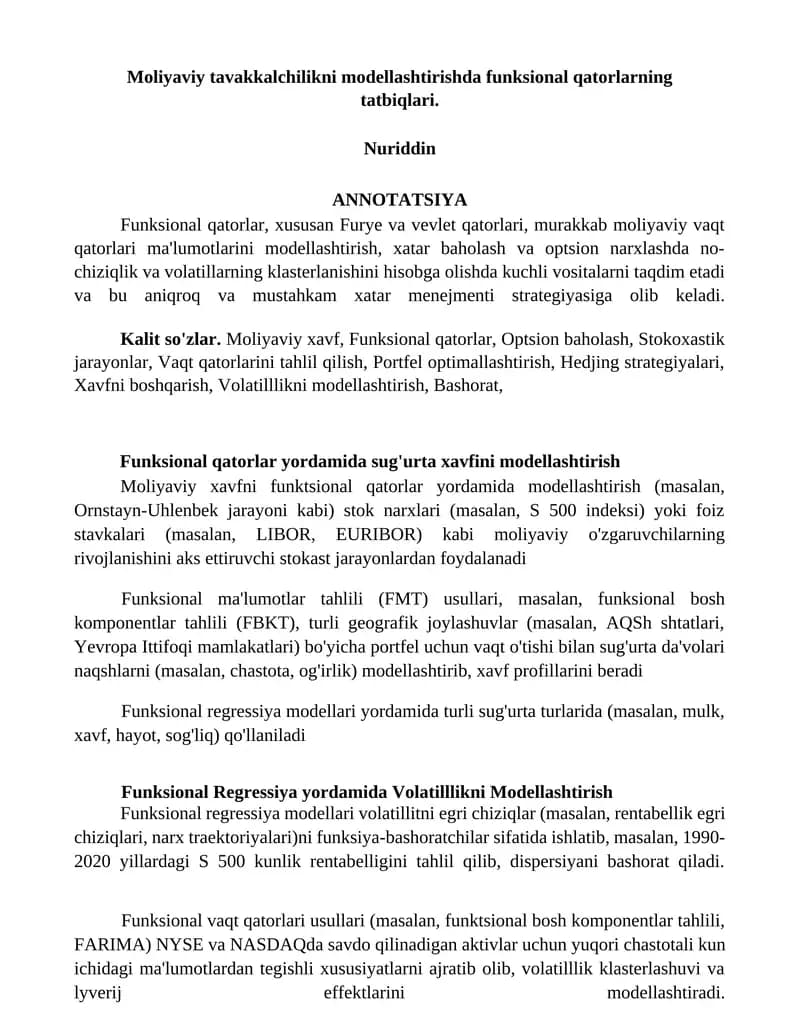Moliyaviy tavakkalchilikni modellashtirishda funksional qatorlarning tatbiqlari