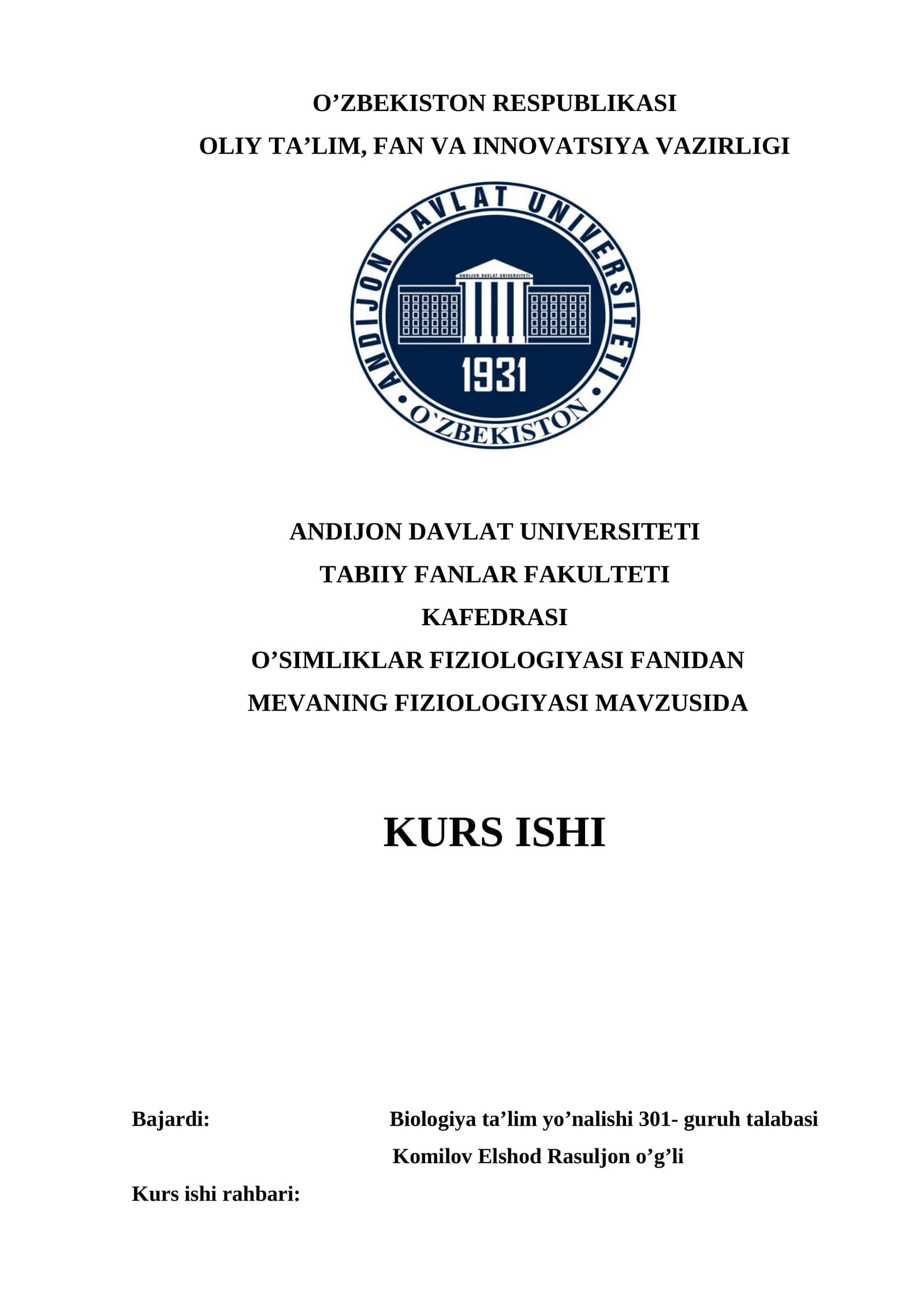 MEVANING FIZIOLOGIYASI MAVZUSIDA KURS ISHI