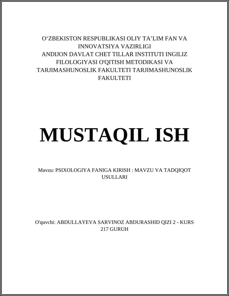 Psixologiya fanining obyekti va predmeti