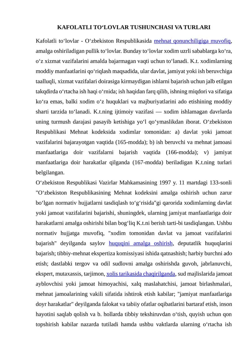 KAFOLATLI TO‘LOVLAR TUSHUNCHASI VA TURLARI