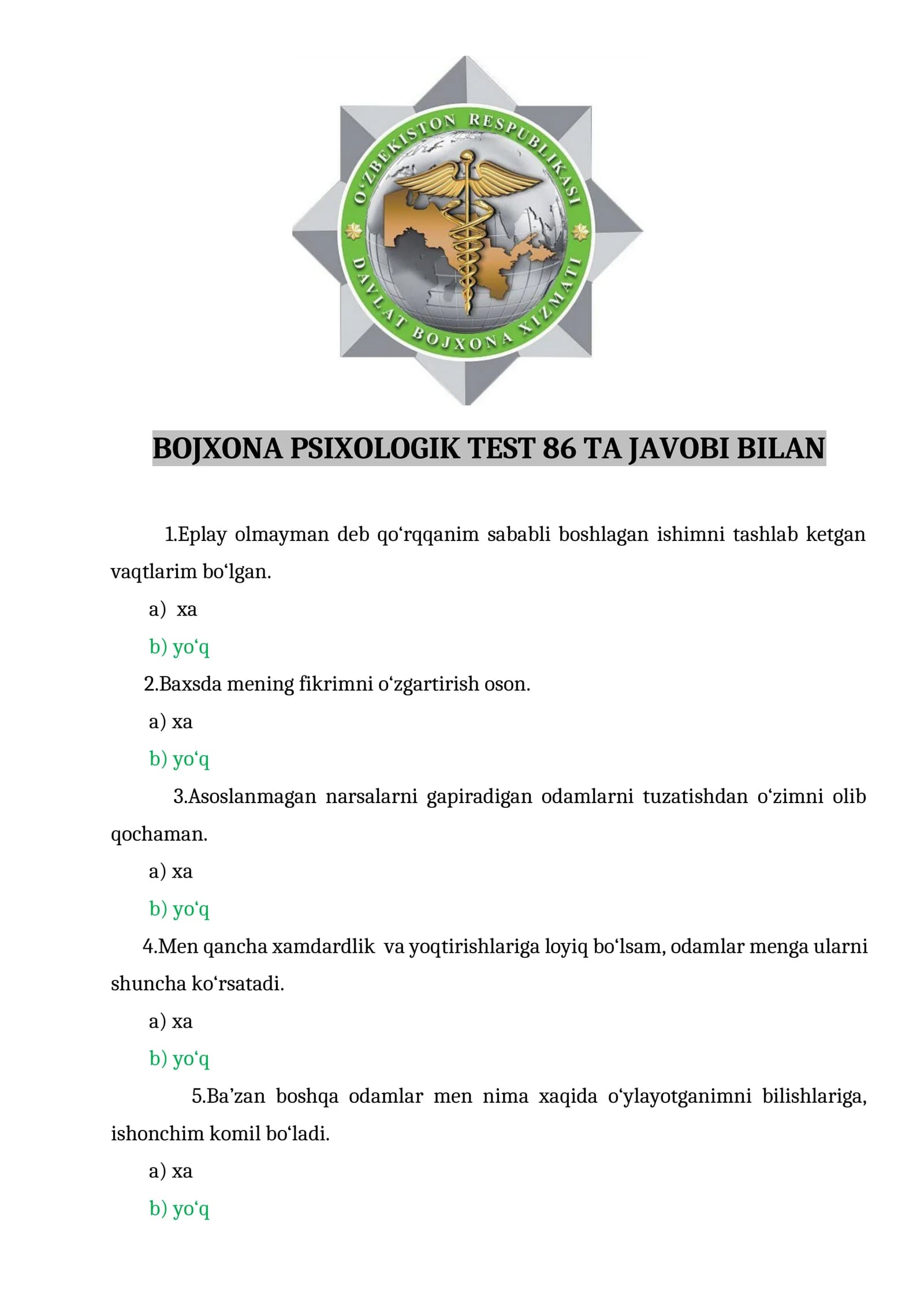 BOJXONA PSIXOLOGIK TEST 86 TA JAVOBI BILAN