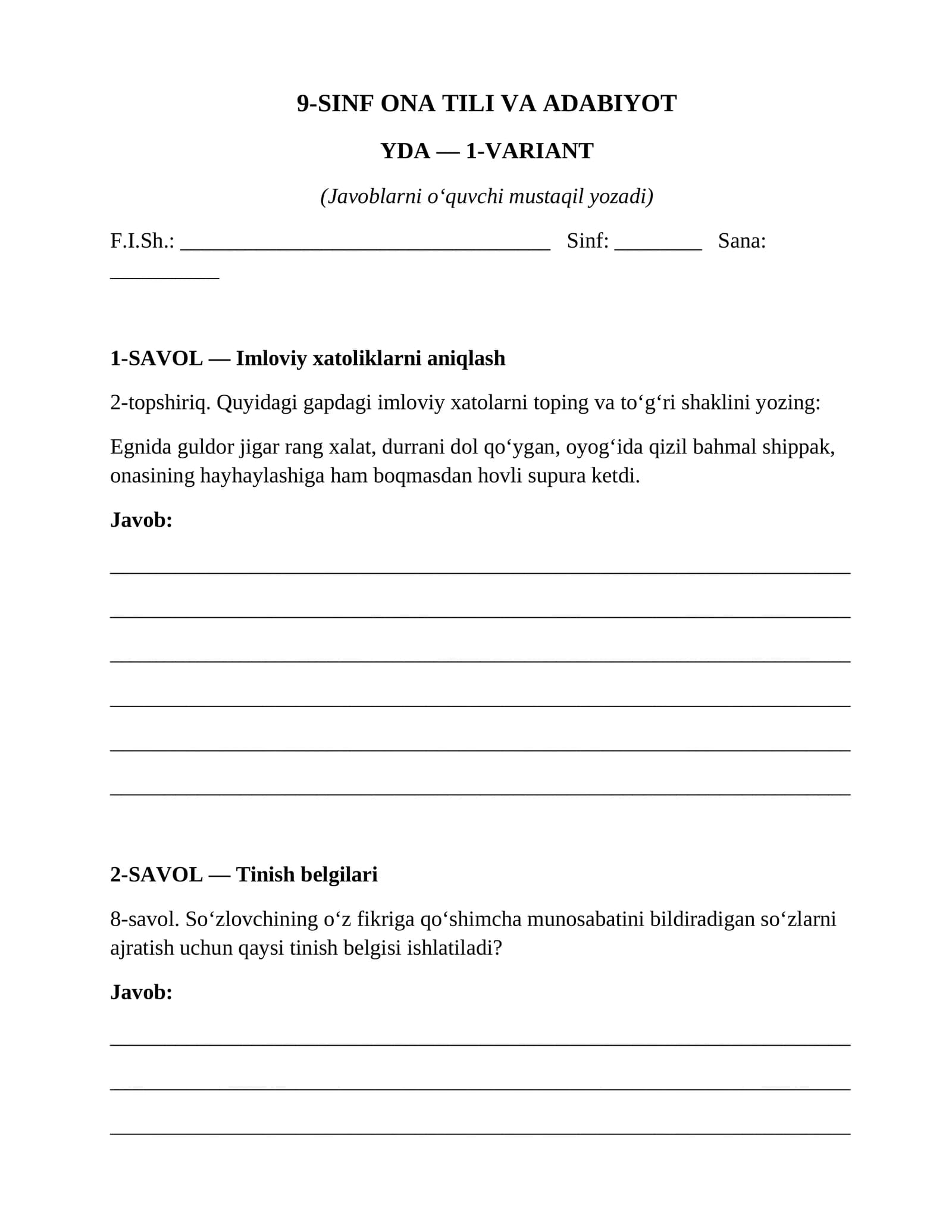 9-SINF ONA TILI VA ADABIYOT YDA — 1-VARIANT