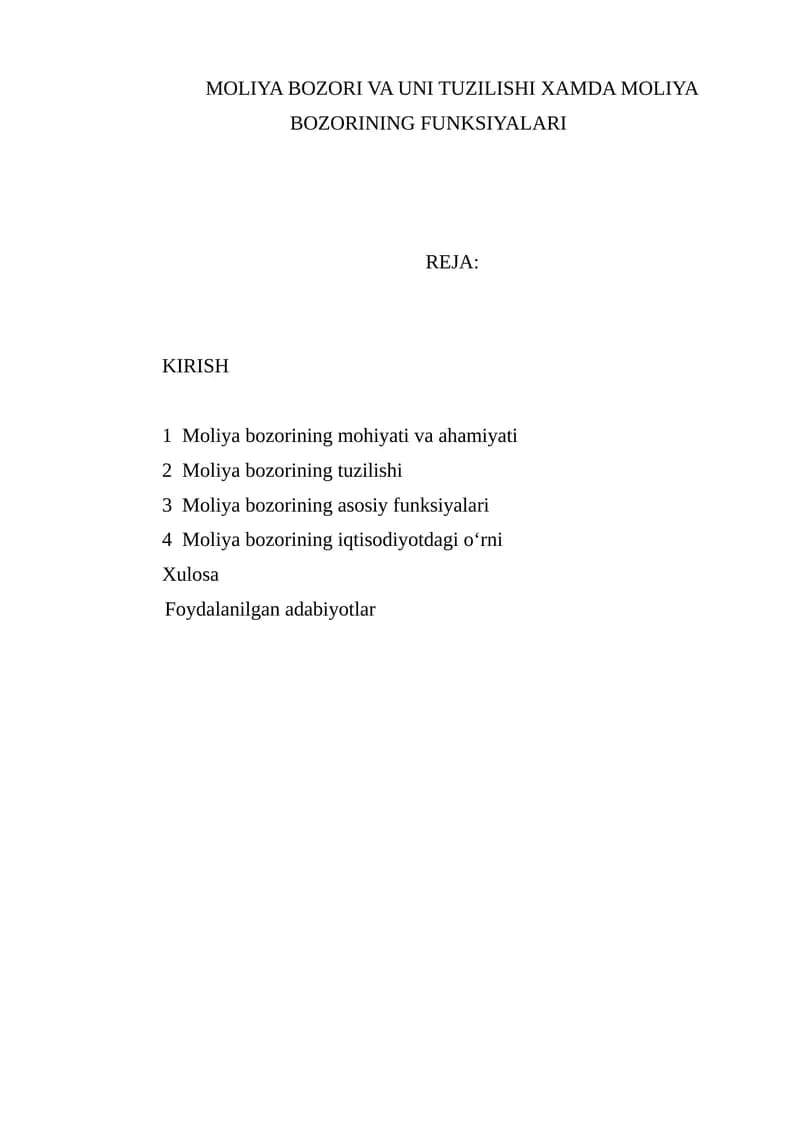 Moliya Bozori va Uni Tuzilishi Xamda Moliya Bozorining Funksiyalari