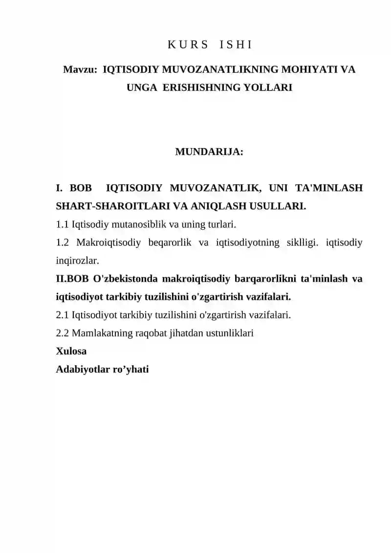 IQTISODIY MUVOZANATLIKNING MOHIYATI VA UNGA ERISHISHNING YOLLARI