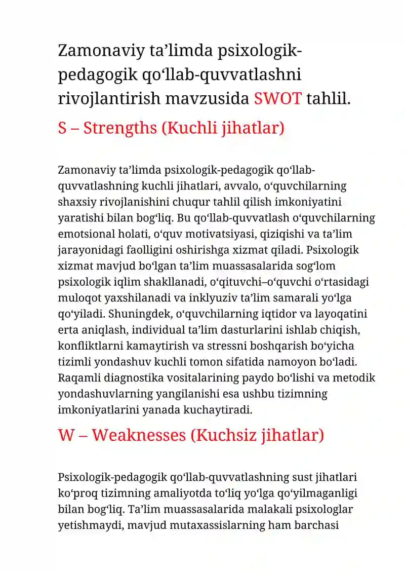 Psixologik-pedagogik qo‘llab-quvvatlashni rivojlantirish mavzusida SWOT tahlil