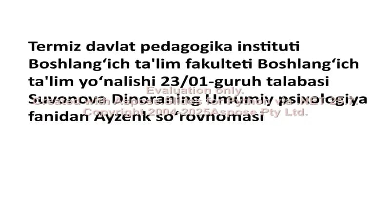 Umumiy psixologiya fanidan Ayzenk soʻrovnomasi