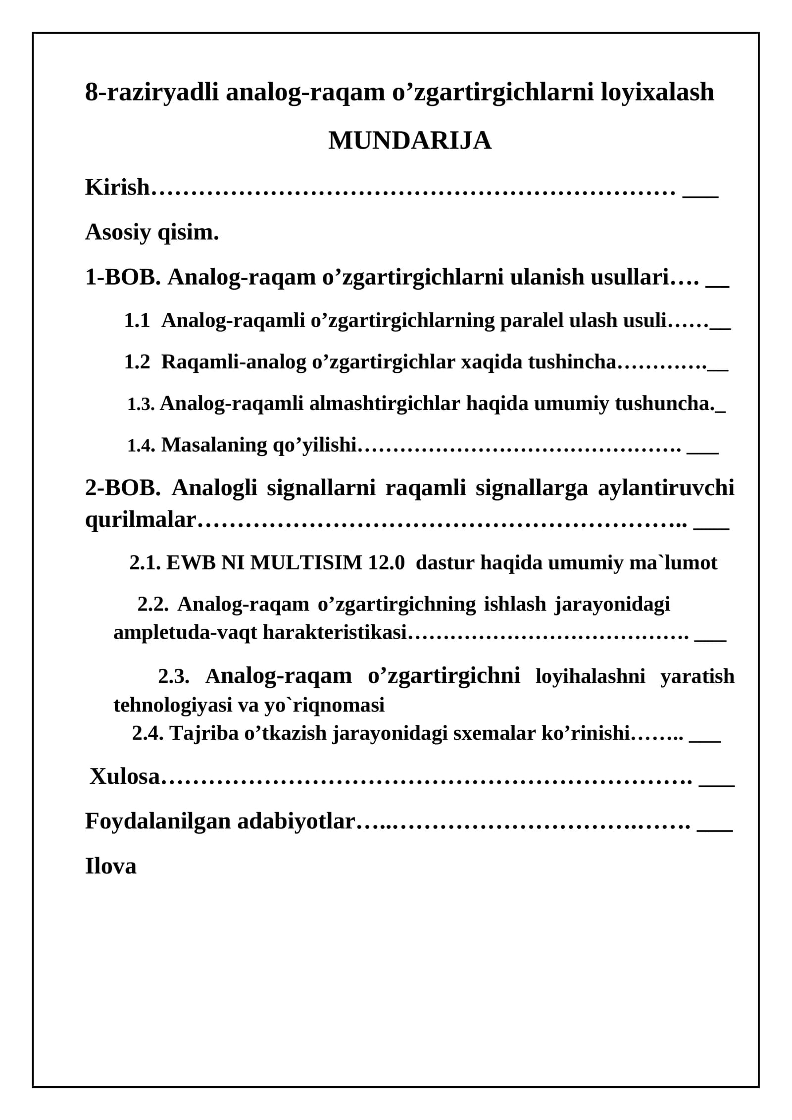 8-raziryadli analog-raqam o’zgartirgichlarni loyixalash