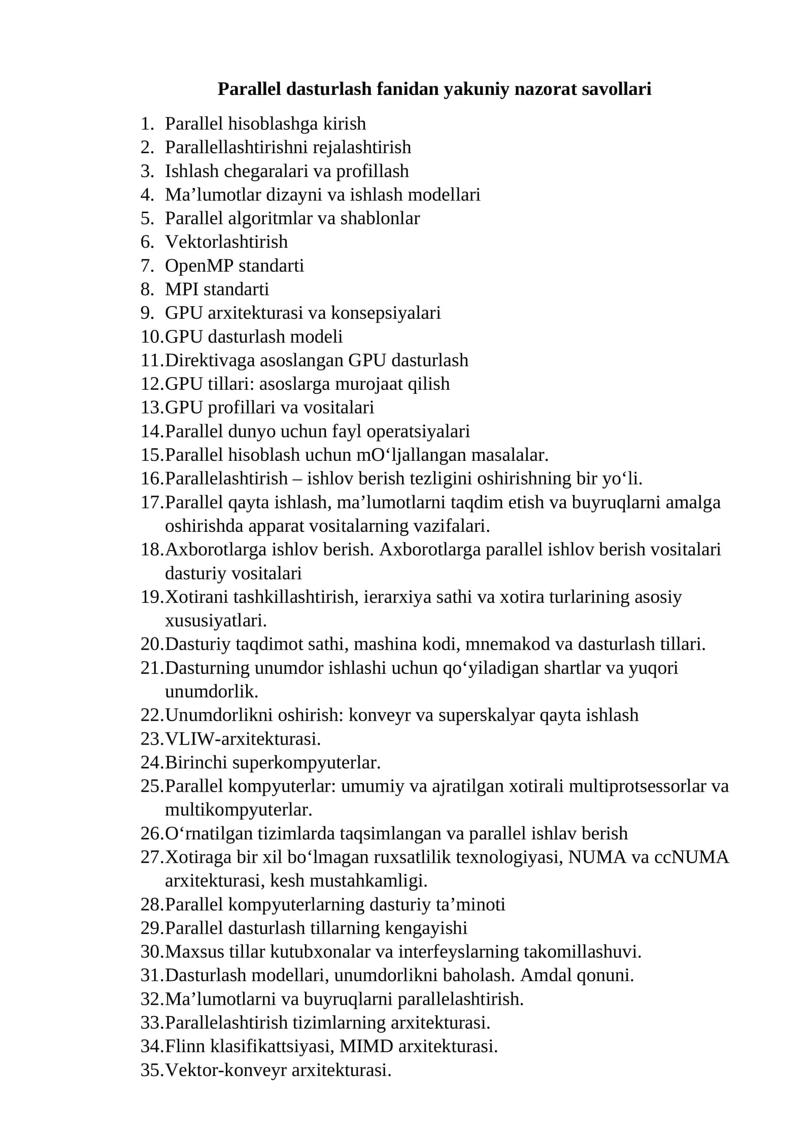 Parallel dasturlash fanidan yakuniy nazorat savollari