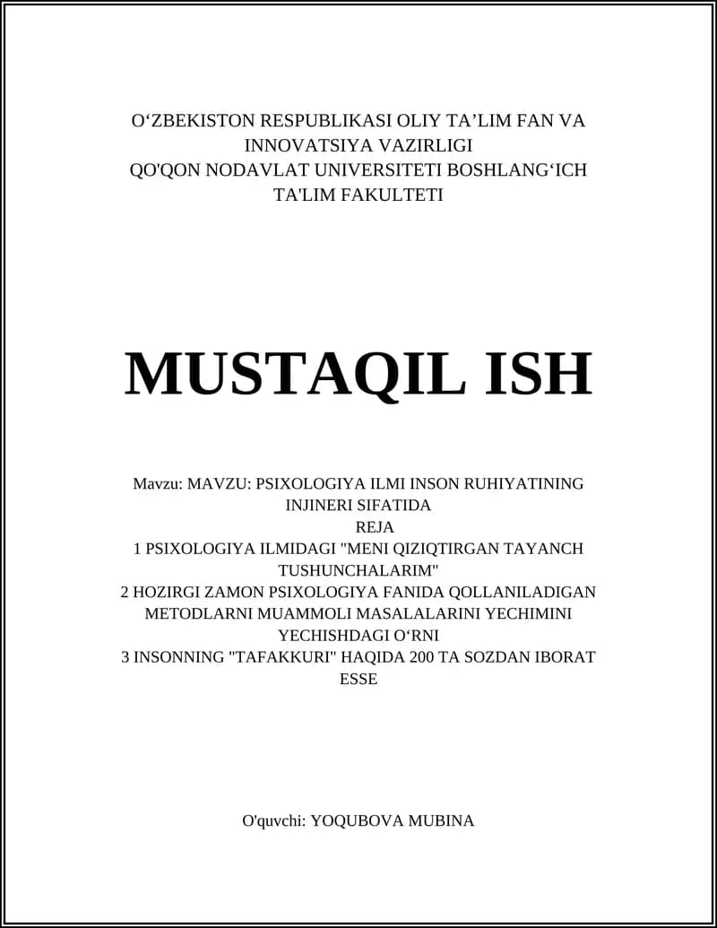 PSIXOLOGIYA ILMIDAGI "MENI QIZIQTIRGAN TAYANCH TUSHUNCHALARIM"