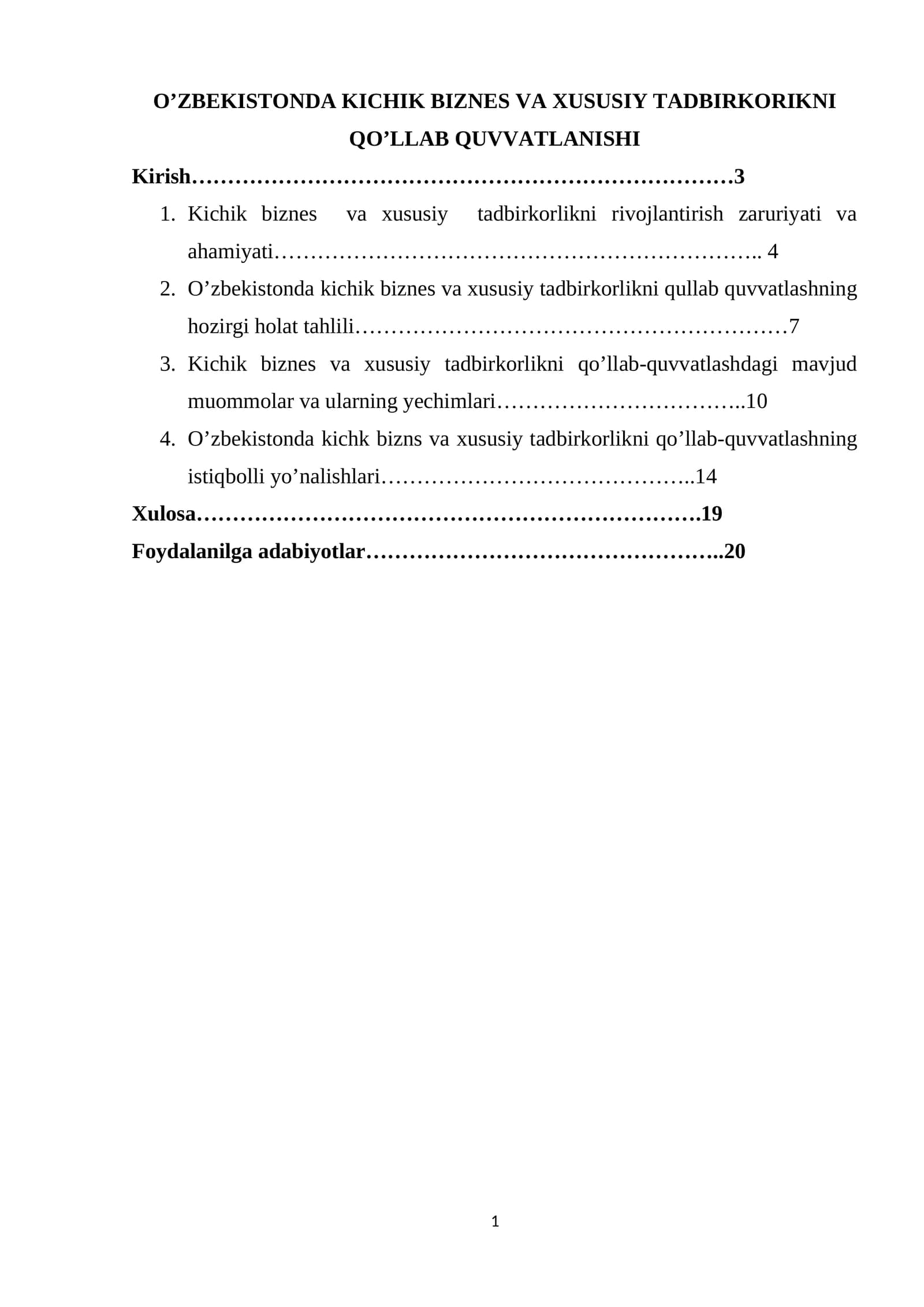 O’ZBEKISTONDA KICHIK BIZNES VA XUSUSIY TADBIRKORIKNI QO’LLAB QUVVATLANISHI