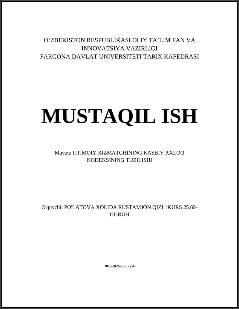 IJTIMOIY XIZMATCHINING KASBIY AXLOQ KODEKSINING TUZILISHI