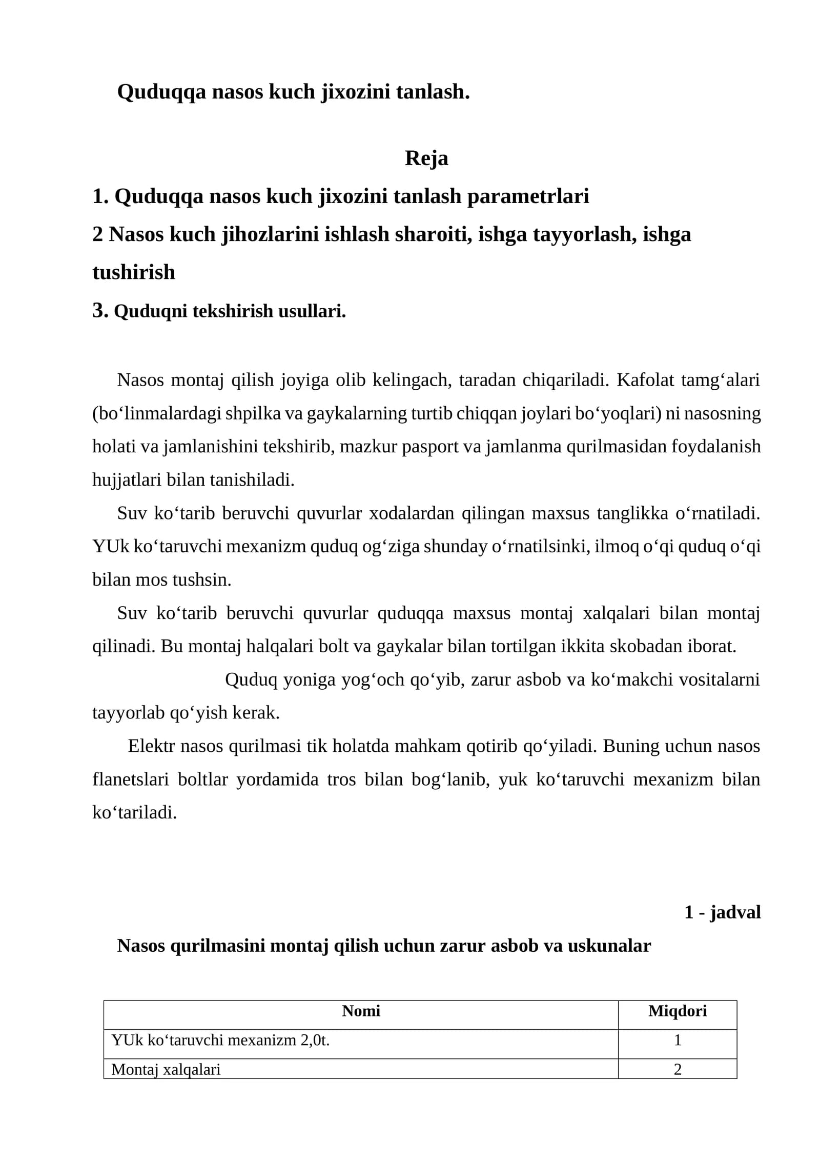 Quduqqa nasos kuch jixozini tanlash