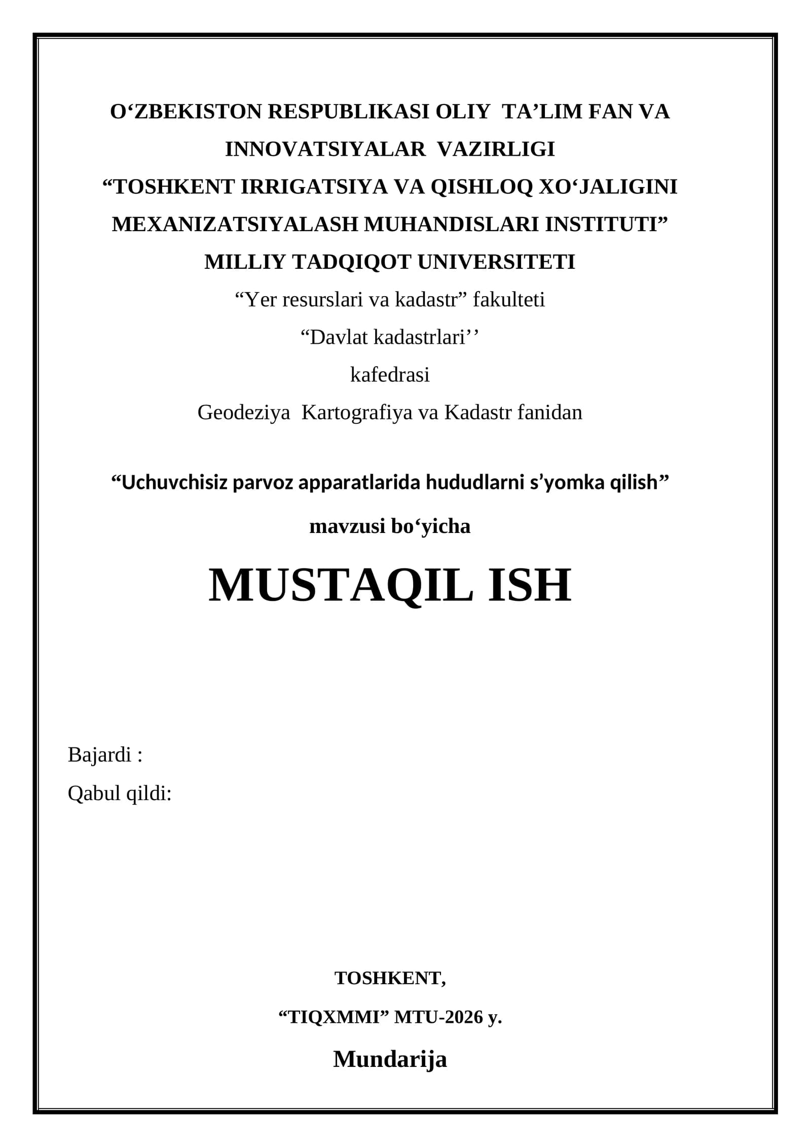 Uchuvchisiz parvoz apparatlarida hududlarni s’yomka qilish