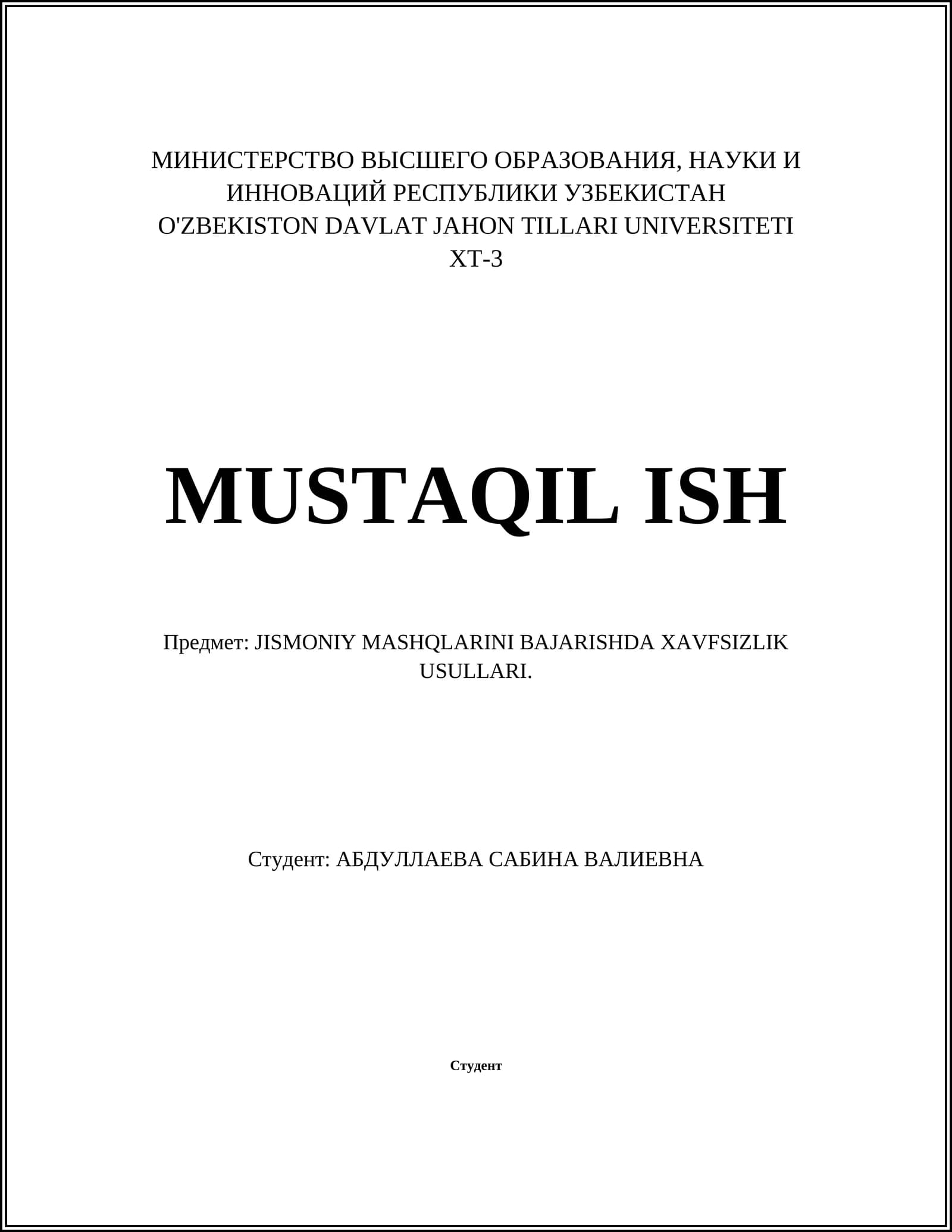 JISMONIY MASHQLARINI BAJARISHDA XAVFSIZLIK USULLARI
