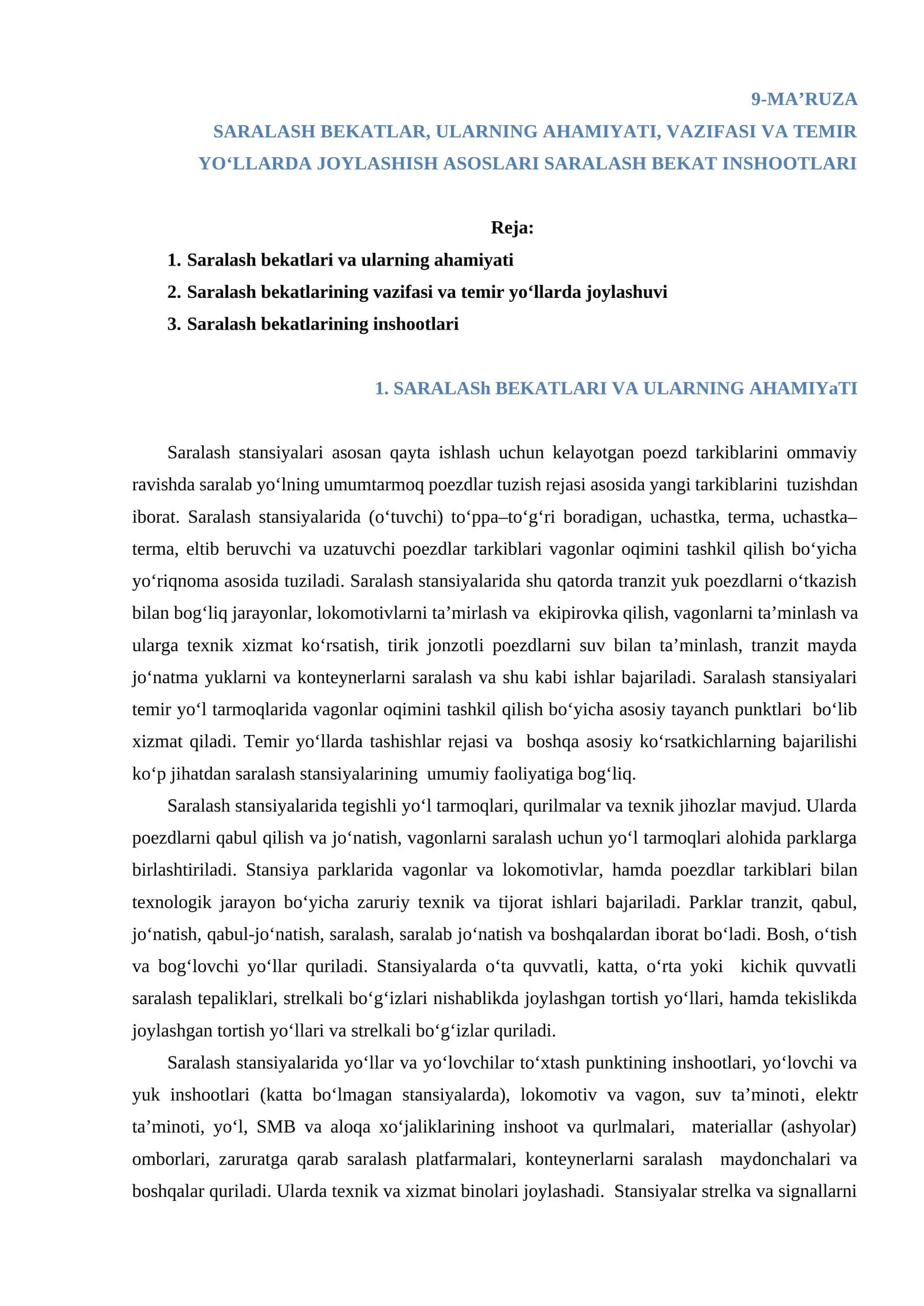 SARALASH BEKATLAR, ULARNING AHAMIYATI, VAZIFASI VA TEMIR YO‘LLARDA JOYLASHISH ASOSLARI SARALASH BEKAT INSHOOTLARI