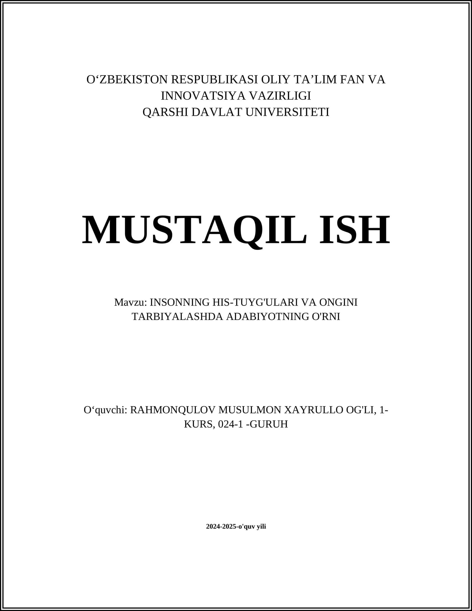 INSONNING HIS-TUYG'ULARI VA ONGINI TARBIYALASHDA ADABIYOTNING O'RNI