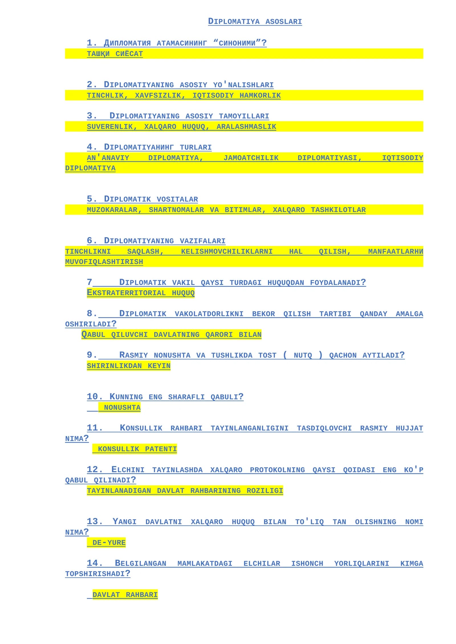 Diplomatik savol va javoblar test