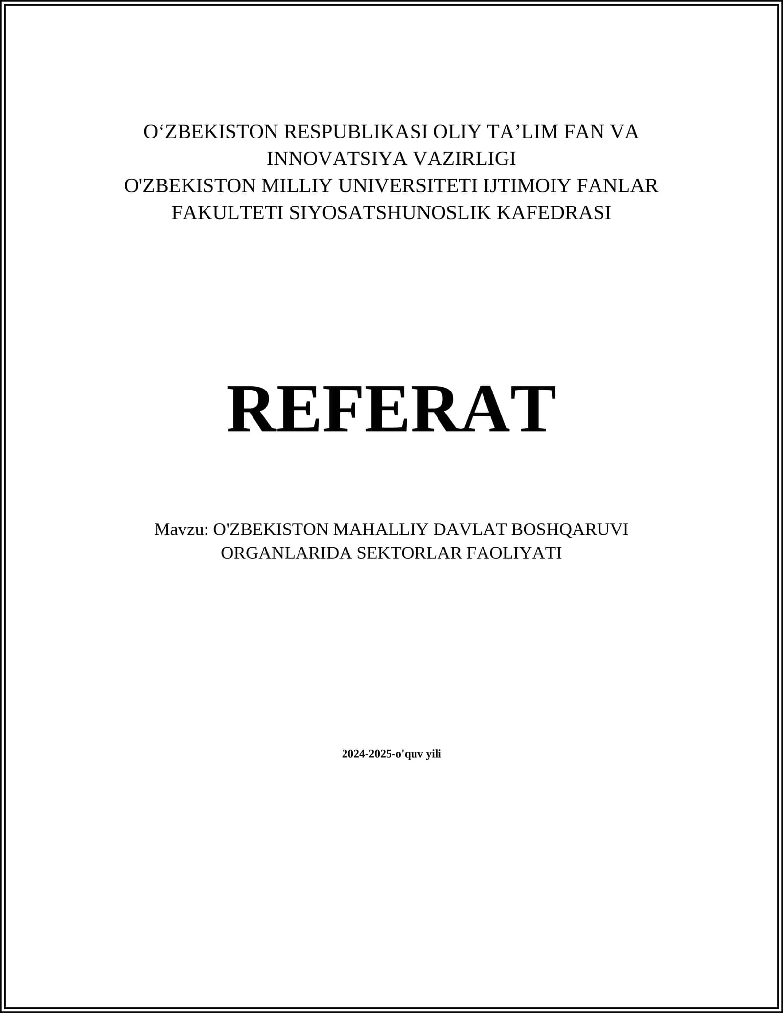 O'ZBEKISTON MAHALLIY DAVLAT BOSHQARUVI ORGANLARIDA SEKTORLAR FAOLIYATI