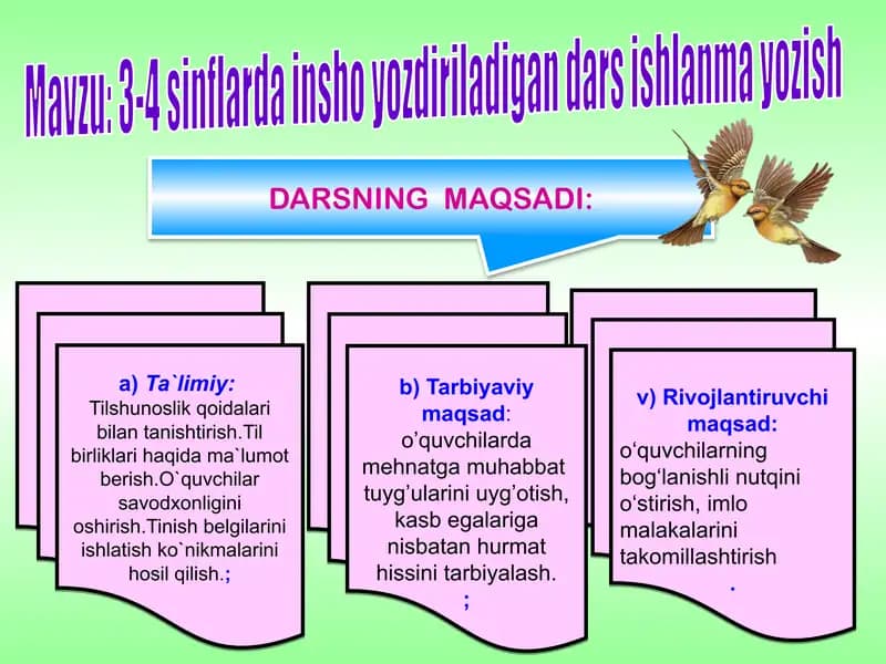 3-4 sinflarda insho yozdiriladigan dars ishlanma yozish