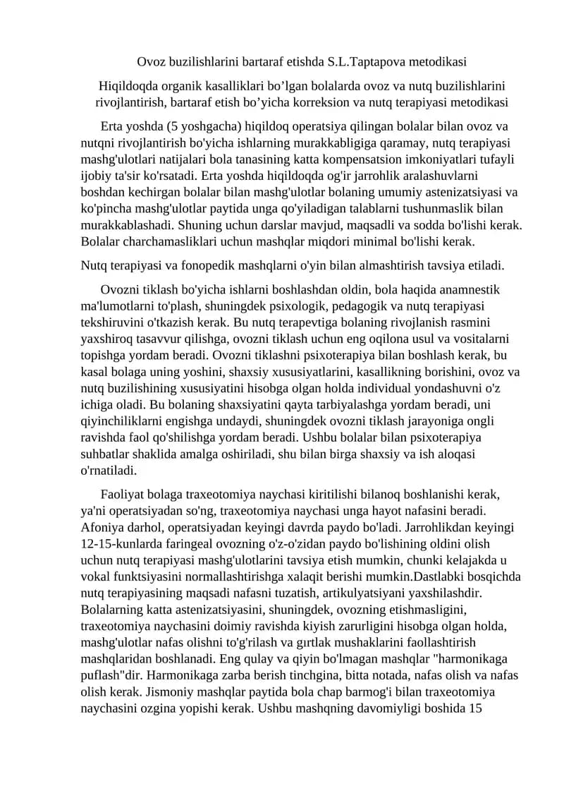 Ovoz buzilishlarini bartaraf etishda S.L.Taptapova metodikasi