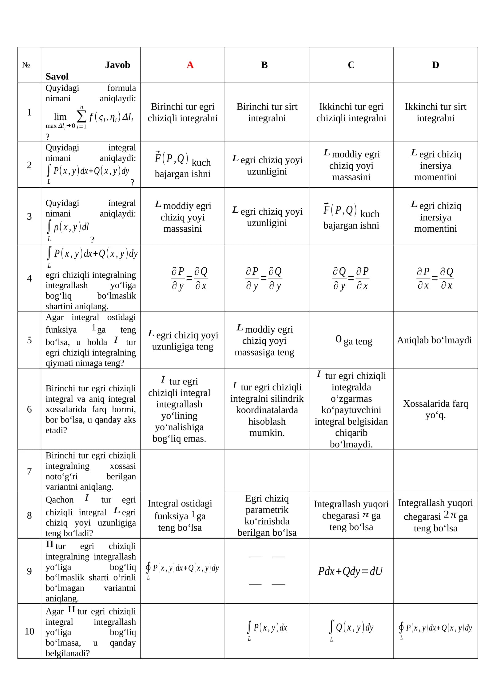 Birinchi tur egri chiziqli integral