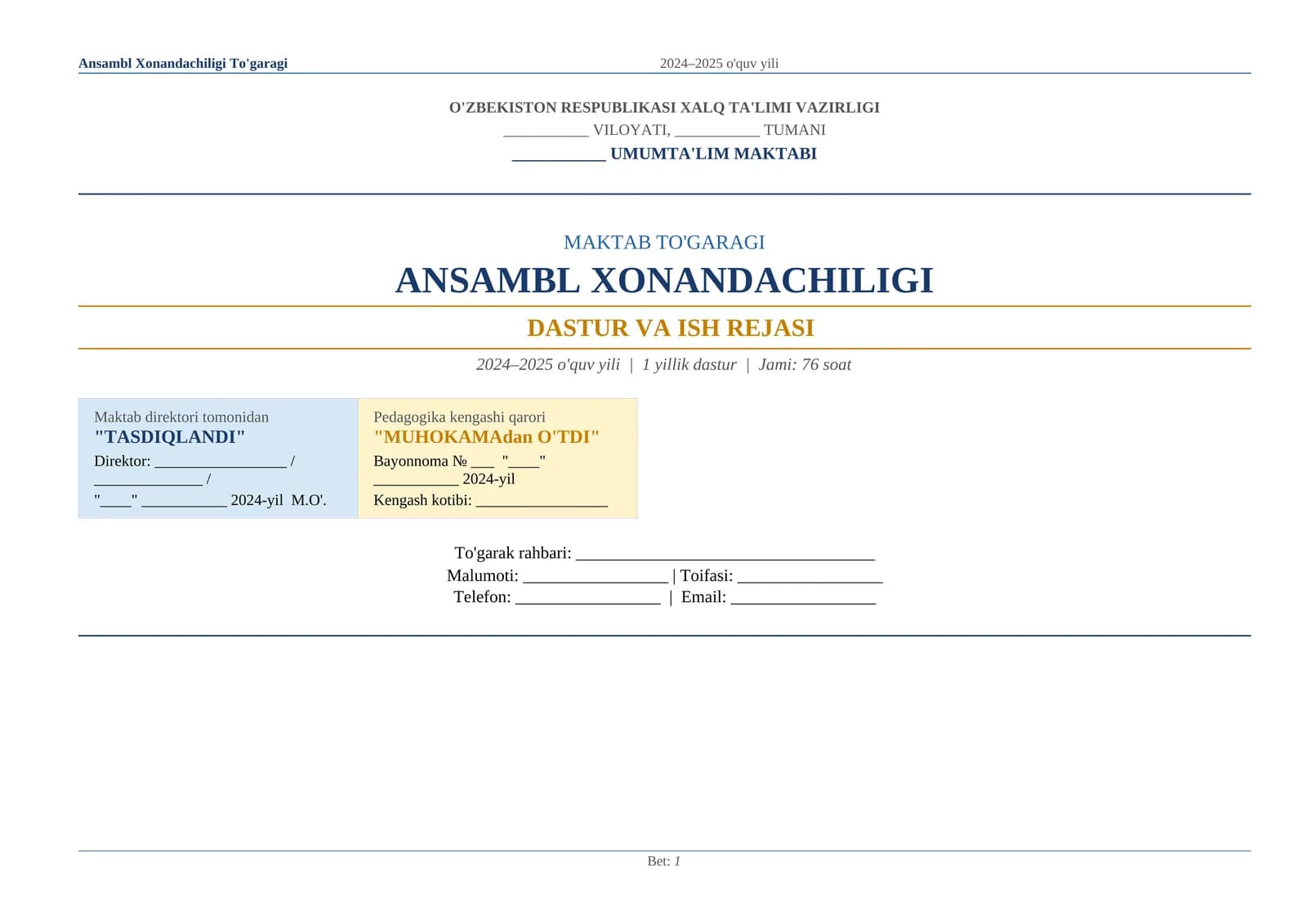 Ansambl Xonandachiligi To'garagi 2024–2025 o'quv yili