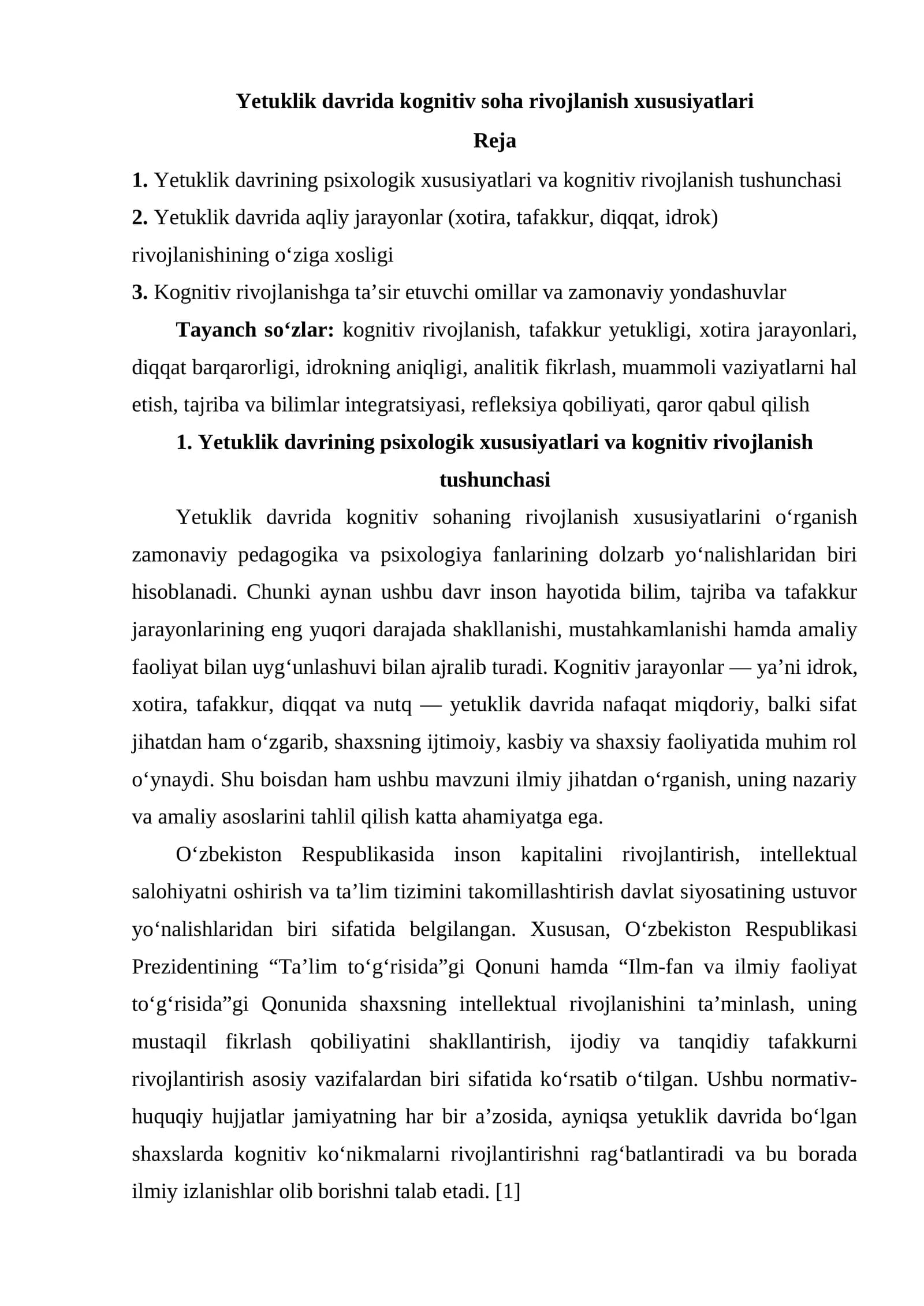 Yetuklik davrida kognitiv soha rivojlanish xususiyatlari