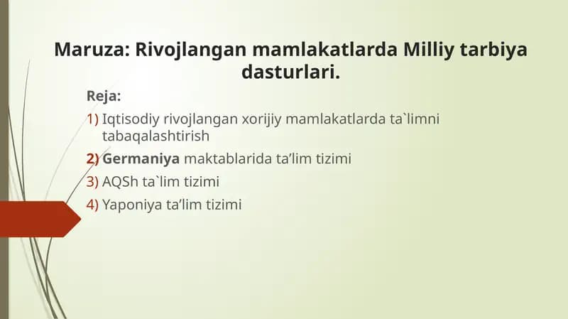Iqtisodiy rivojlanishda xorijiy mamlakatlarda ta'limni ta'baqalashtirish