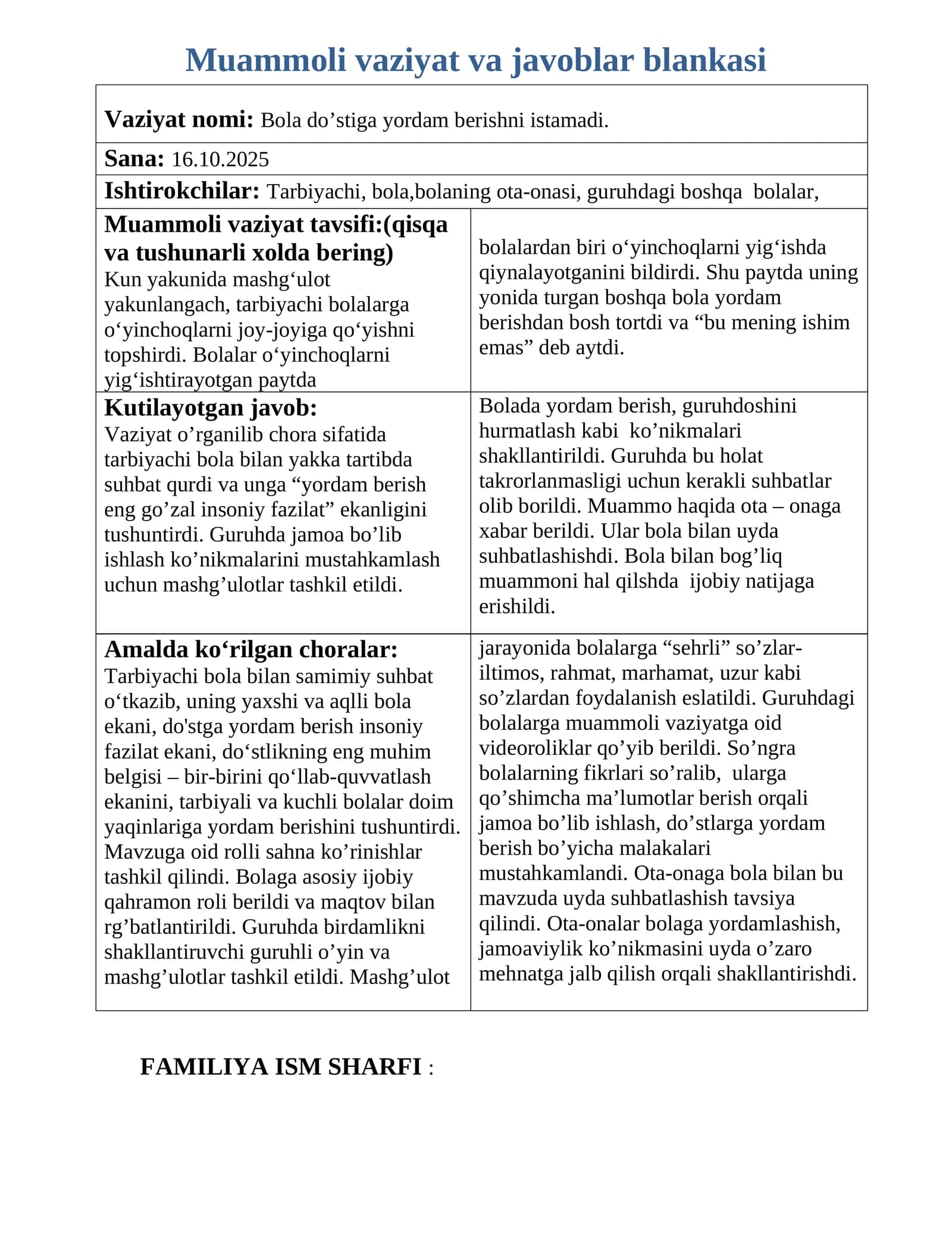 Bola do’stiga yordam berishni istamadi muammoli vaziyat