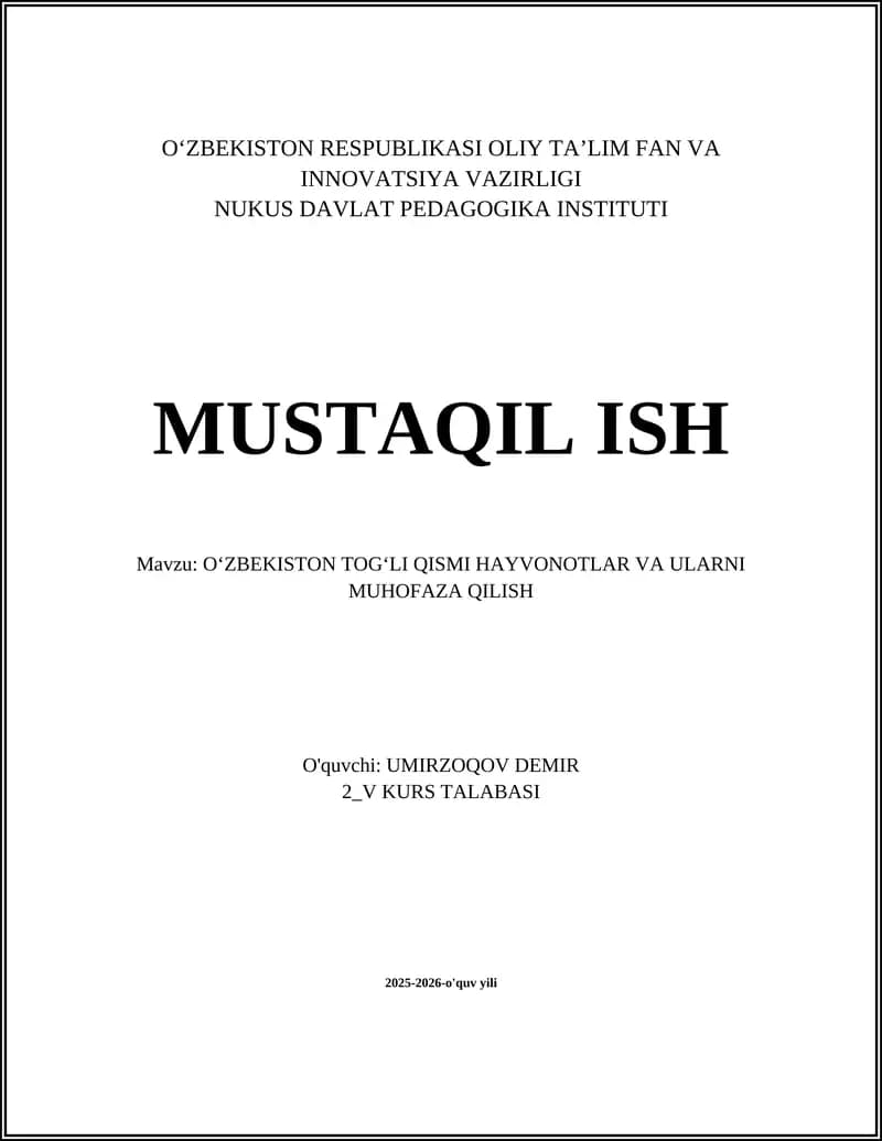 OʻZBEKISTON TOGʻLI QISMI HAYVONOTLAR VA ULARNI MUHOFAZA QILISH