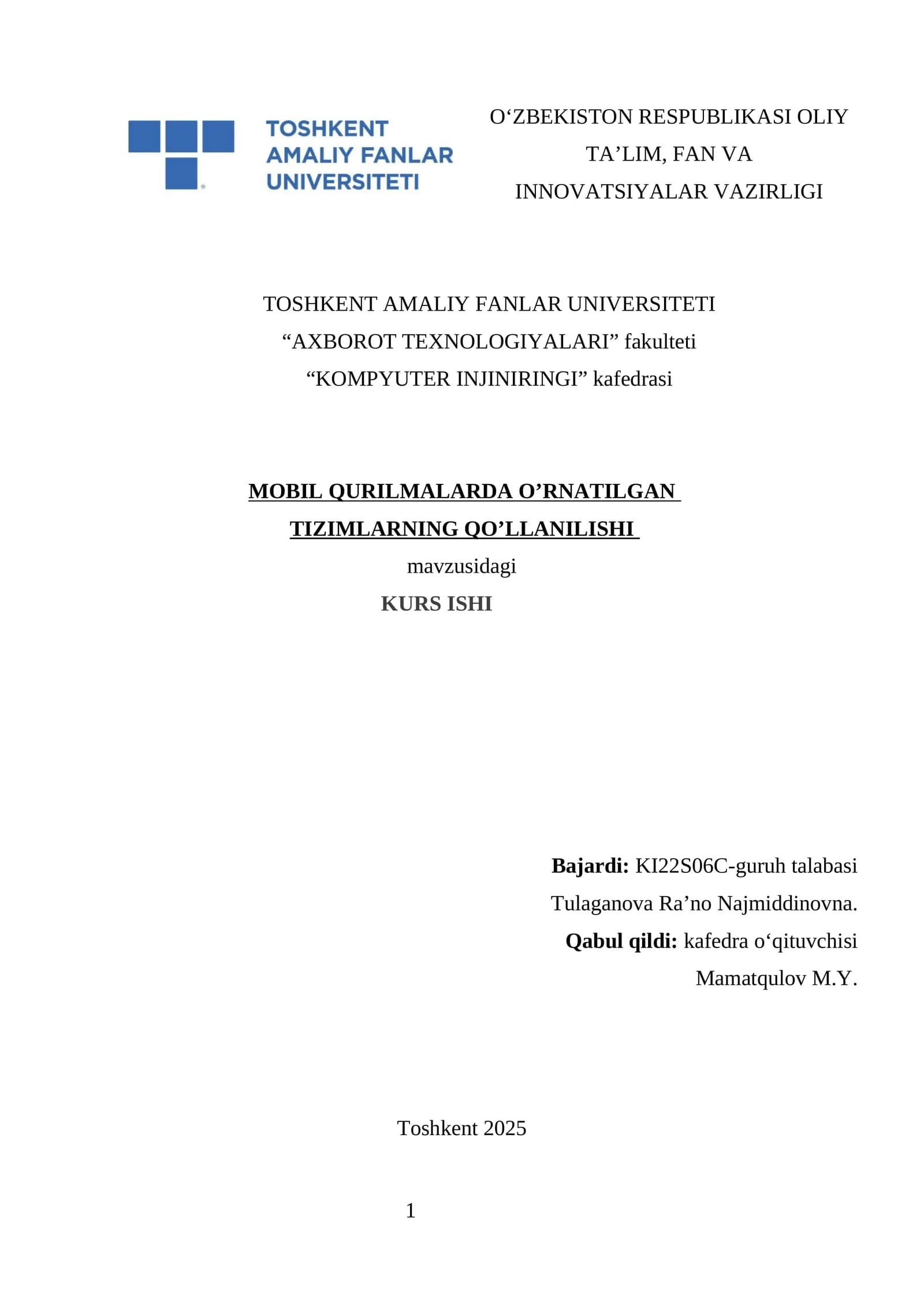 MOBIL QURILMALARDA O’RNATILGAN TIZIMLARNING QO’LLANILISHI