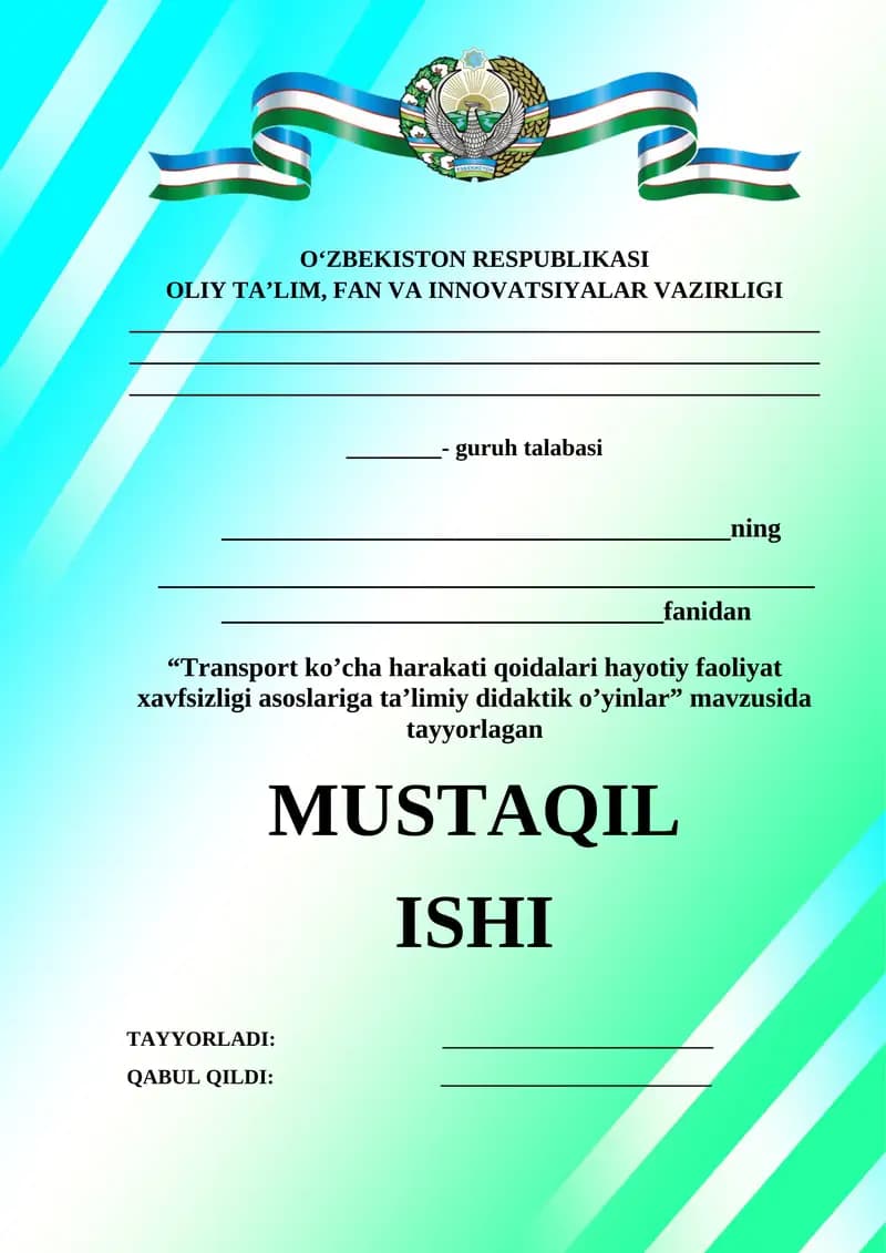 Transport ko’cha harakati qoidalari hayotiy faoliyat xavfsizligi asoslariga ta’limiy didaktik o’yinlar
