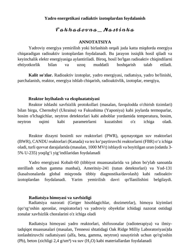 Yadro energetikasi radiaktiv izotoplardan foydalanish