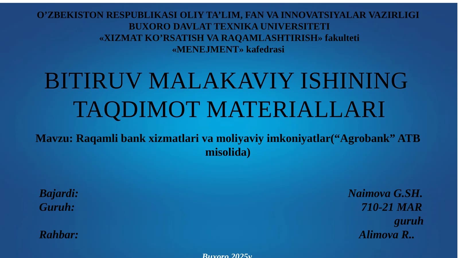 Raqamli bank xizmatlari va moliyaviy imkoniyatlar mavzusida DIPLOM ISHI