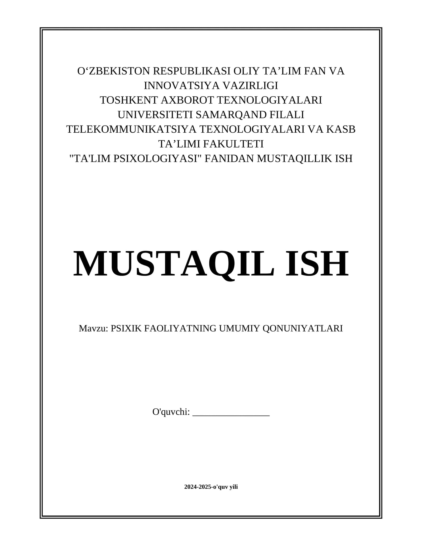 PSIXIK FAOLIYATNING UMUMIY QONUNIYATLARI