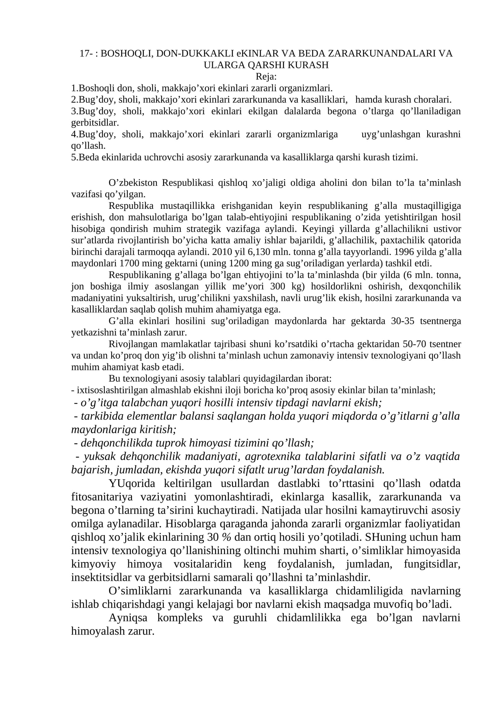 BOSHOQLI, DON-DUKKAKLI eKINLAR VA BEDA ZARARKUNANDALARI VA ULARGA QARSHI KURASH